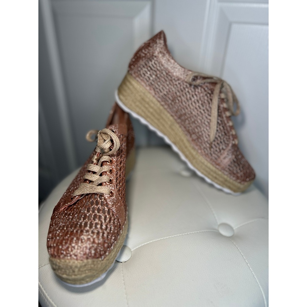 INC Asina Platform Sneakers Rose Gold Glitter Mesh Lace Up Espadrilles 10‎